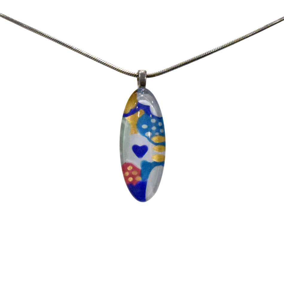 Collier unique, no 83, de l'artiste Azurine, Peint à la main, Chaîne 18 po acier inoxydable, Matière première : verre, cuisson au four