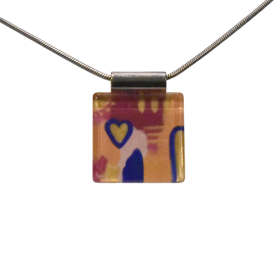 Collier unique, no 84, de l'artiste Azurine, Peint à la main, Chaîne 18 po acier inoxydable, Matière première : verre, cuisson au four