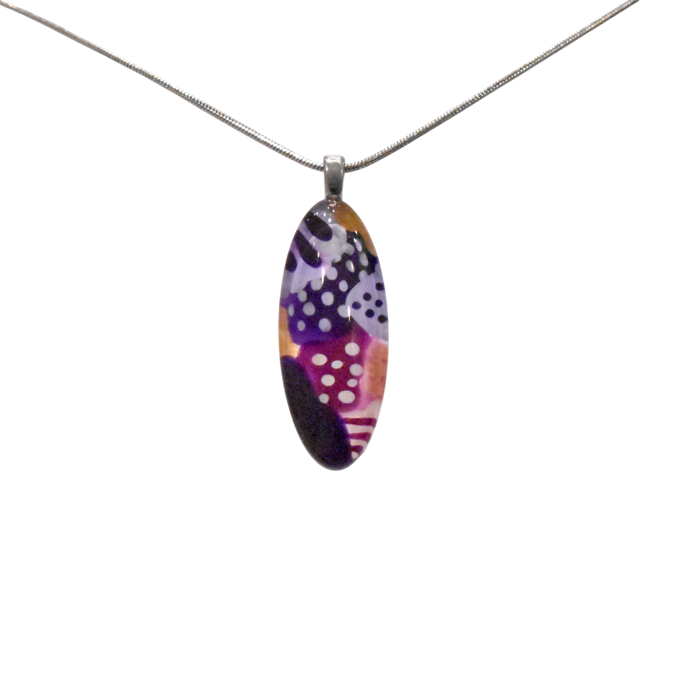 Collier unique, no 85, de l'artiste Azurine, Peint à la main, Chaîne 18 po acier inoxydable, Matière première : verre, cuisson au four