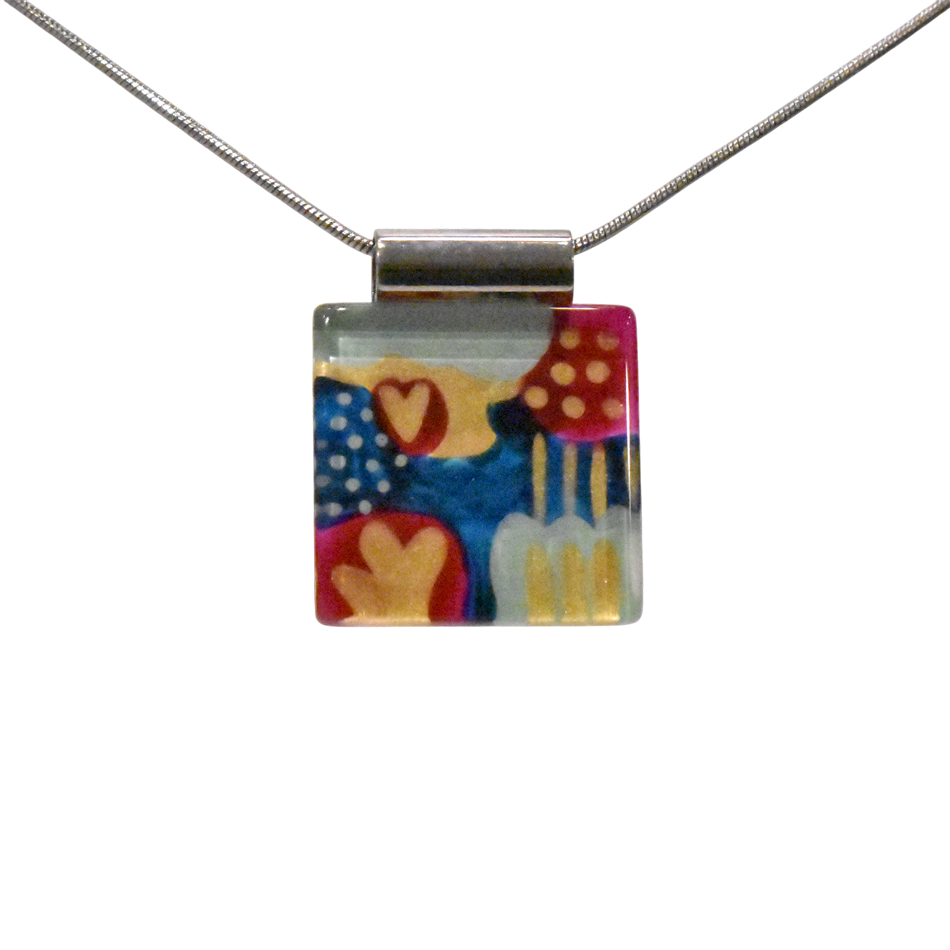 Collier unique, no 87, de l'artiste Azurine, Peint à la main, Chaîne 18 po acier inoxydable, Matière première : verre, cuisson au four