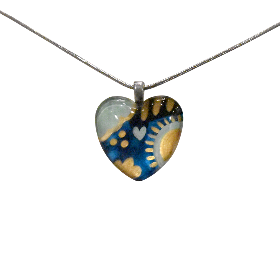 Collier unique, no 89, de l'artiste Azurine, Peint à la main, Chaîne 18 po acier inoxydable, Matière première : verre, cuisson au four