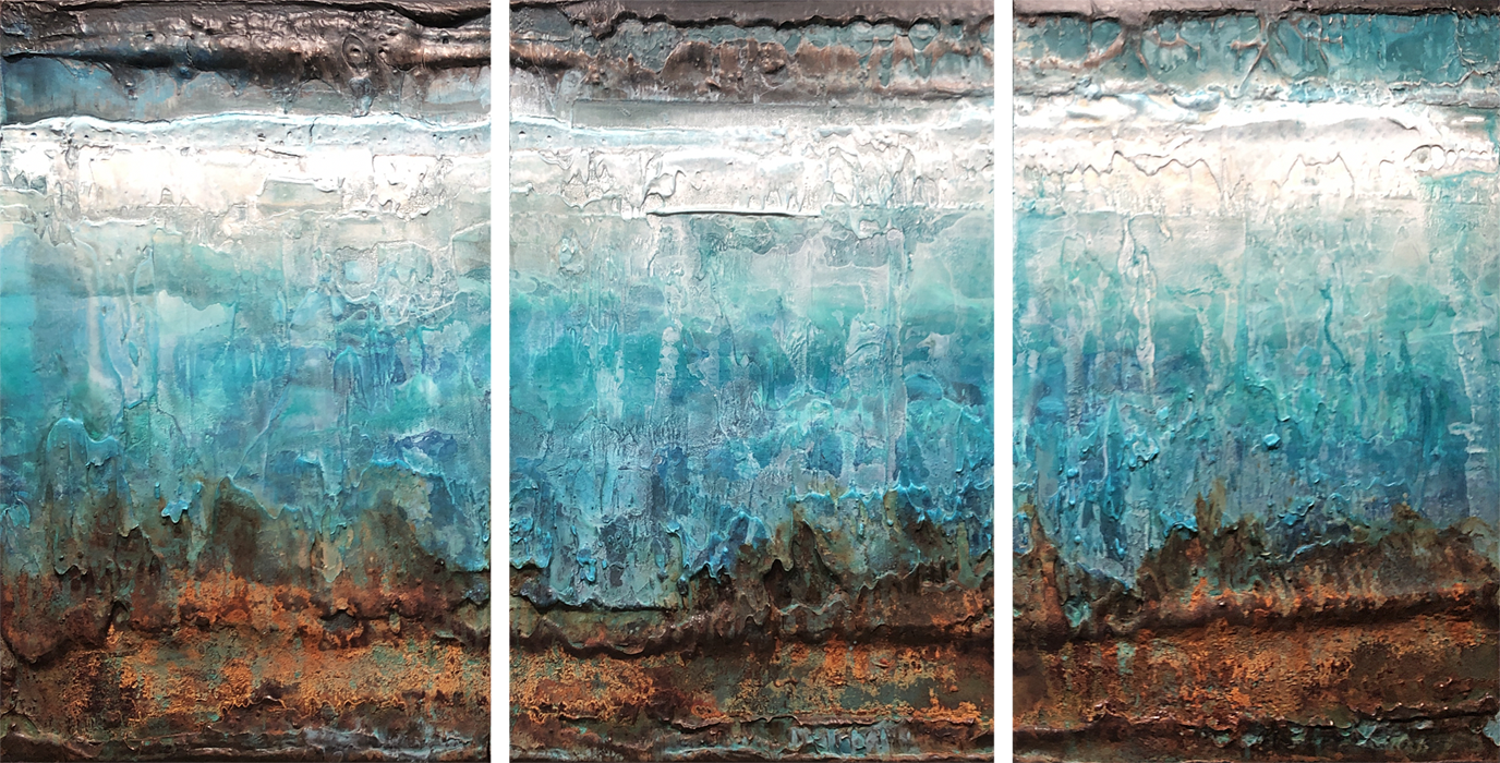 Aviver (Triptyque), no 729, de l'artiste Isabel Picard, Techniques mixtes sur bois, Création unique, dimension totale de l'oeuvre : 28 x 54 po de largeur