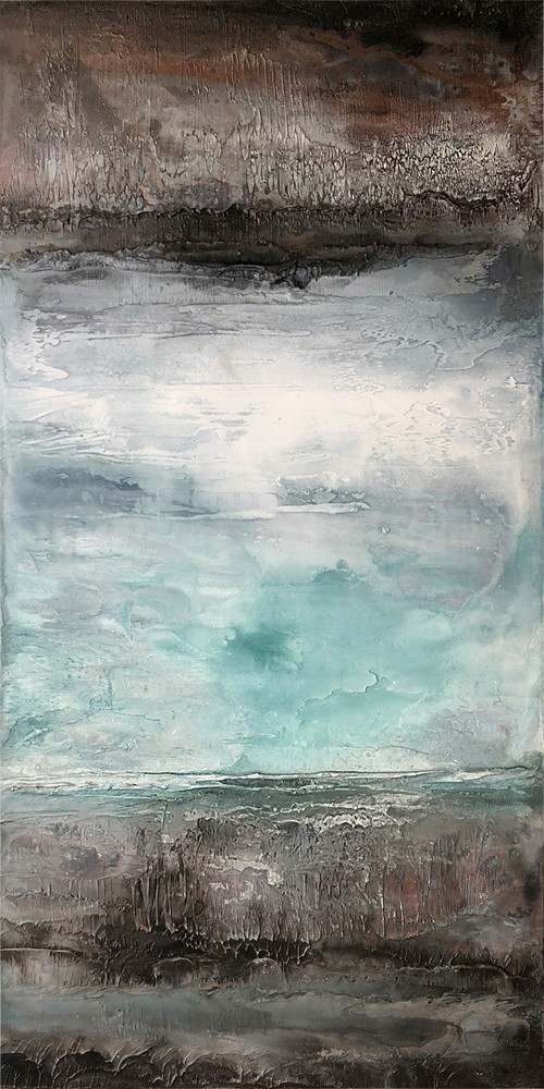 Dulcinée, no 725, de l'artiste Isabel Picard, Techniques mixtes sur bois, Création unique, dimension : 24 x 48 po de largeur