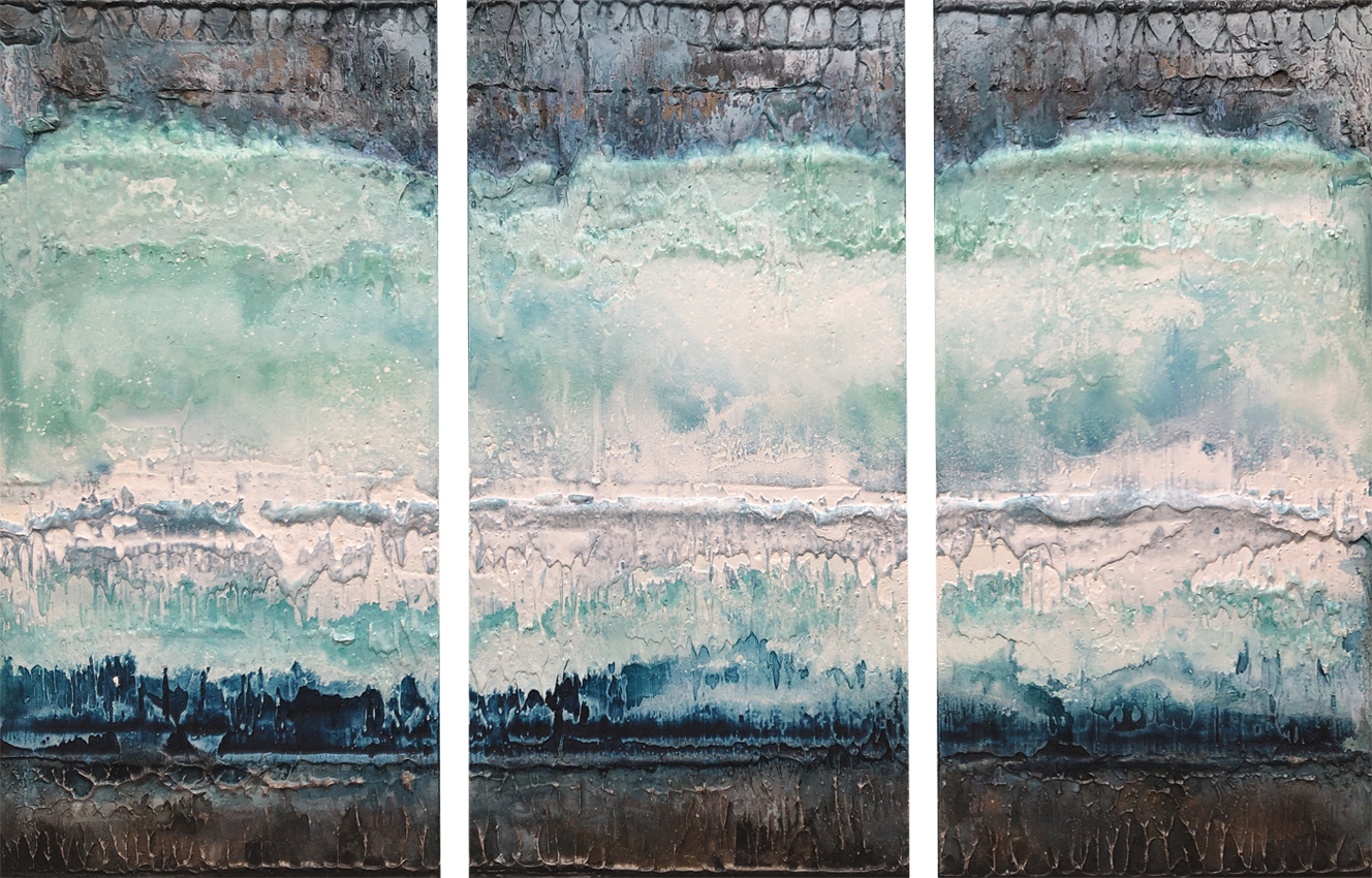 Rêves amarrés (Triptyque), no 745, de l'artiste Isabel Picard, Techniques mixtes sur bois, Création unique, dimension totale de l'oeuvre : 32 x 48 po de largeur