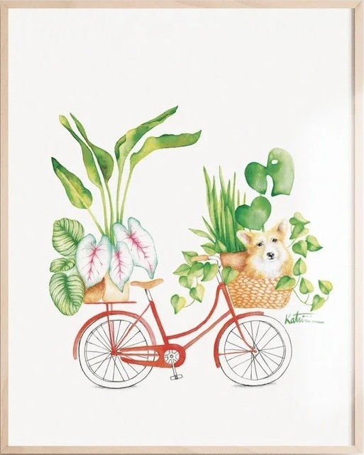 Affiche, -- Corgie Vélo --, de l'artiste Katrinn Pelletier, Illustration, aquarelle, crayons de couleur, ..., dimension : 16 x 12 de largeur