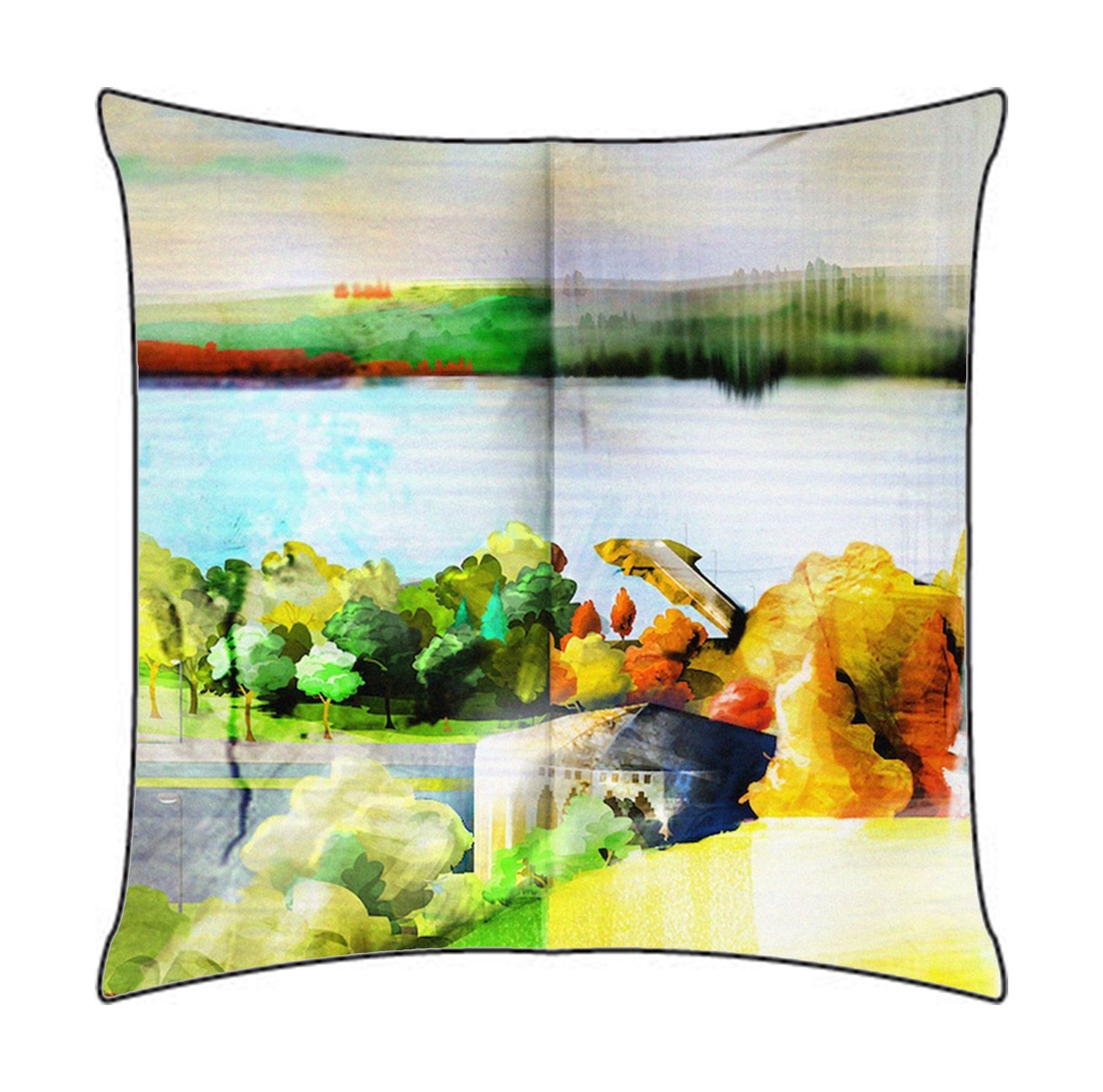 Coussin Pablo, no D Quai de Ste Anne, modèle 'Ma Côte de Beaupré, Ste-Anne', Ni Vu Ni Cornu, Imprimé des deux côtés, Fait au Canada, dimension : 18" x 18", Tissu soyeux