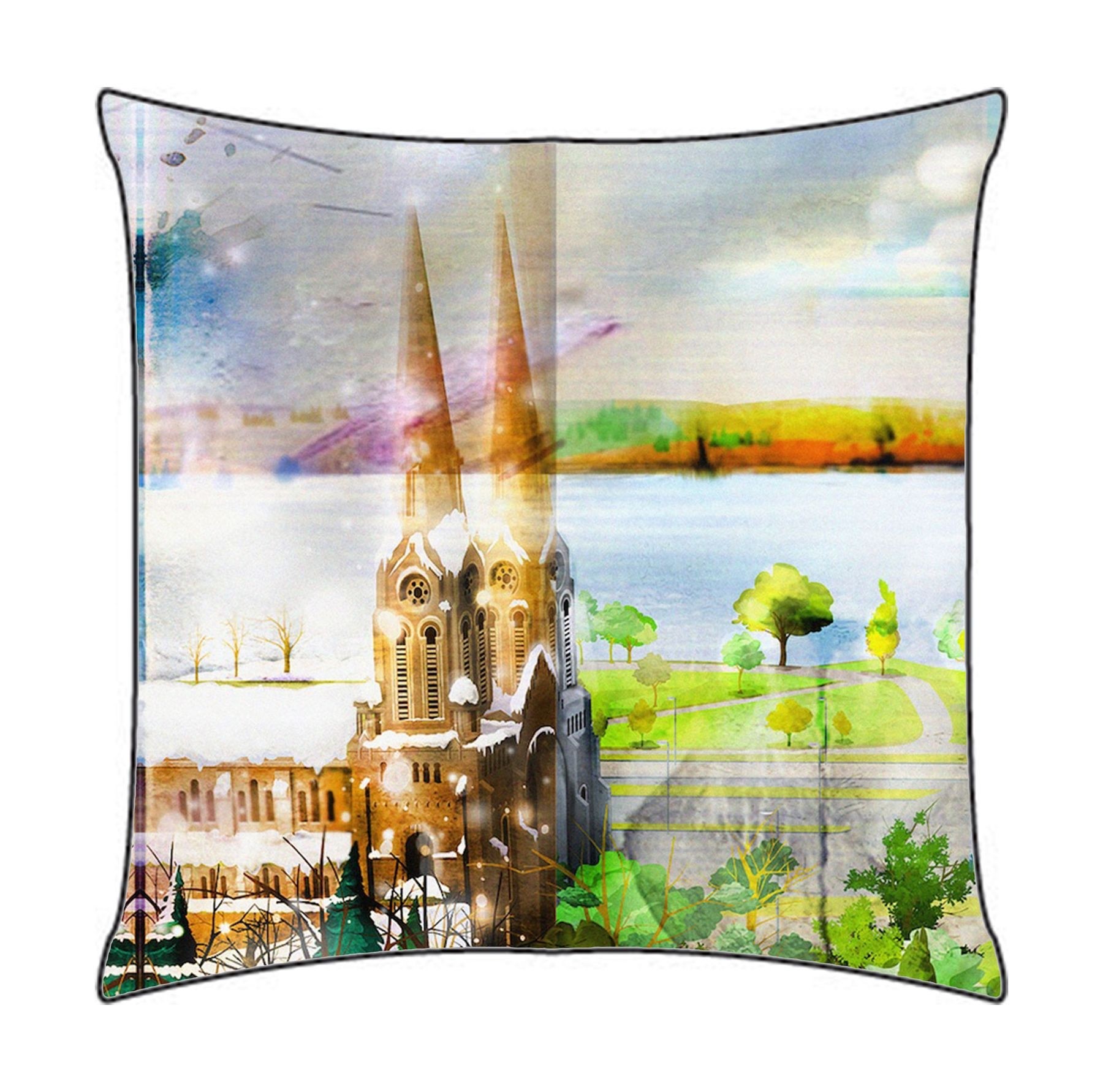 Coussin Pablo, no E Basilique Ste Anne, modèle 'Ma Côte de Beaupré, Ste-Anne', Ni Vu Ni Cornu, Imprimé des deux côtés, Fait au Canada, dimension : 18" x 18", Tissu soyeux