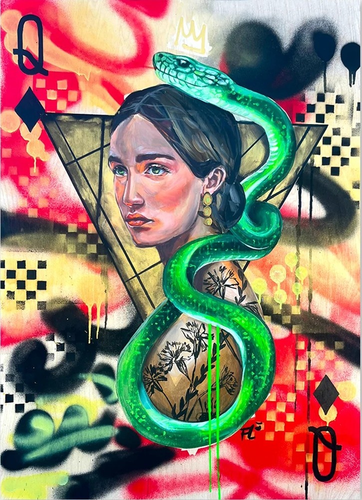 Dame de carreau, de l'artiste Florence Lemay, Tableau, Acrylique sur bois, Création unique, dimension : 40 x 30 po de largeur