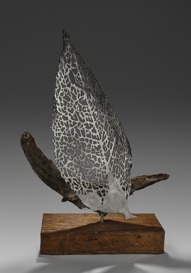 La nature dans l'instant, o-30, de l'artiste Danny Perkins, Sculpture, métal et bois de mer, Dimension : 35 x 24 x 7.75 po