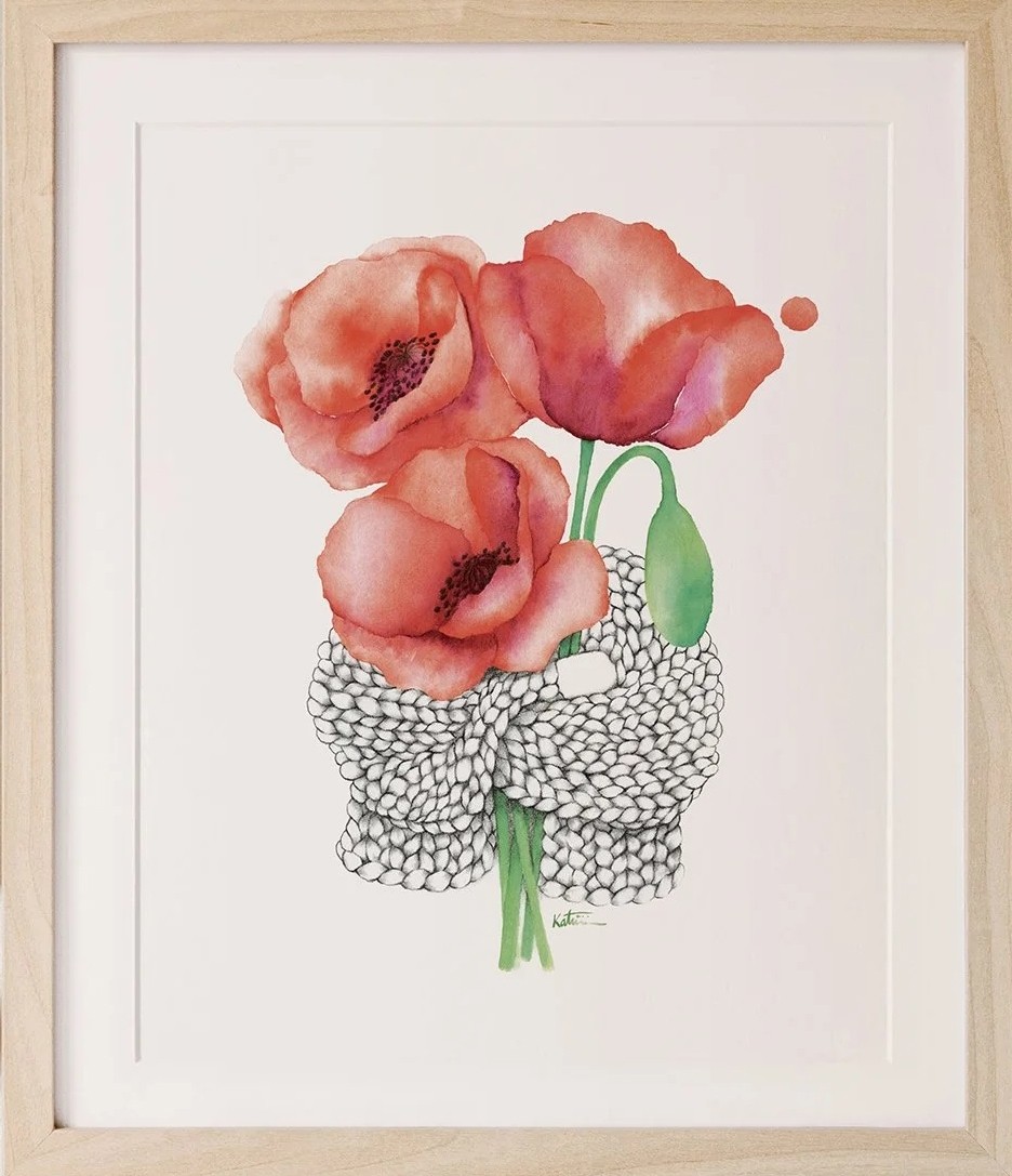 Affiche, -- Doux coquelicots --, de l'artiste Katrinn Pelletier, Illustration, aquarelle, crayons de couleur, ..., dimension : 10 x 8 po de largeur
