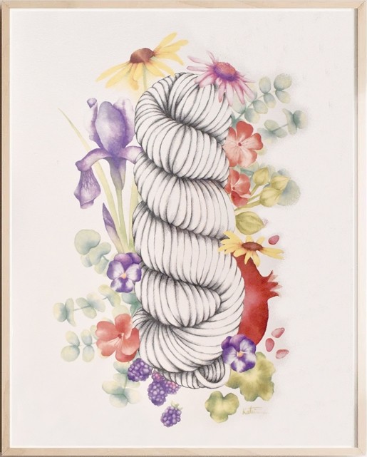 Affiche, -- Écheveau fleuri --, de l'artiste Katrinn Pelletier, Illustration, aquarelle, crayons de couleur, ..., dimension : 16 x 12 de largeur