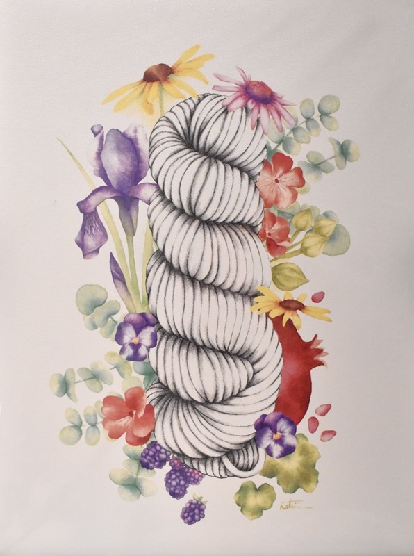 Affiche, -- Écheveau fleuri --, de l'artiste Katrinn Pelletier, Illustration, aquarelle, crayons de couleur, ..., dimension : 16 x 12 de largeur