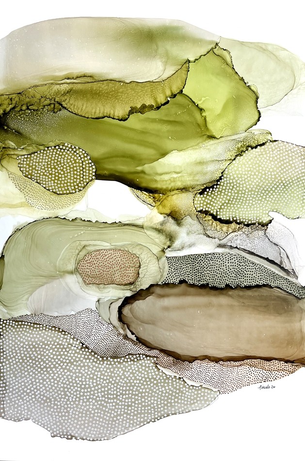 Entre deux mondes, de l'artiste Nancy Létourneau, Tableau, Médium encre à l'alcool sur papier Nara, Marouflé sur panneau de bois galerie, dimension 36 x 24 pouces de largeur, 
