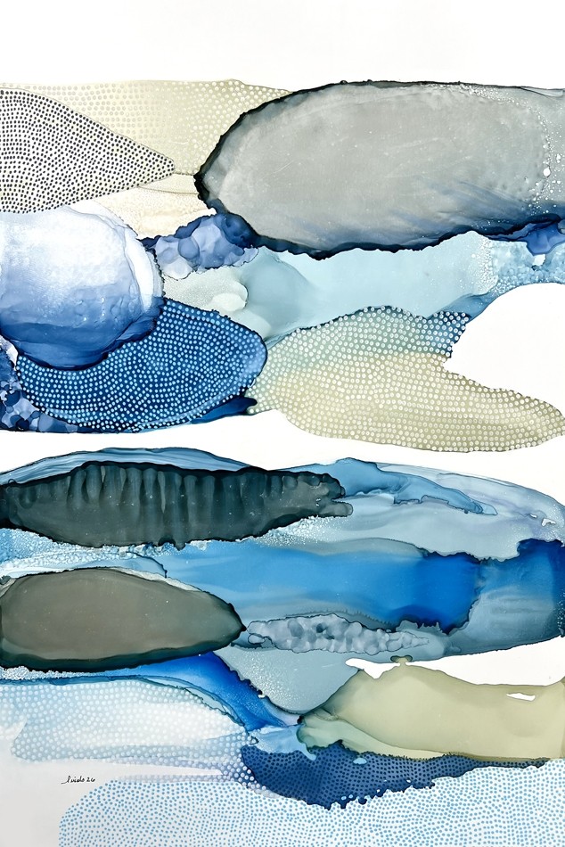 Entre deux temps, de l'artiste Nancy Létourneau, Tableau, Médium encre à l'alcool et mixte média sur papier Nara, Marouflé sur panneau de bois galerie, dimension 36 x 24 pouces de largeur, 