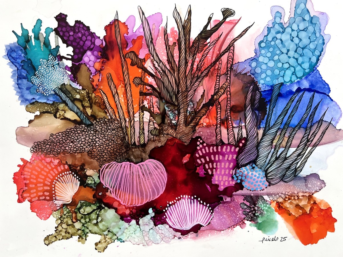 Entre terre et mer, de l'artiste Nancy Létourneau, Oeuvre sur papier, Création unique, dimension : 10 x 13 pouces de largeur, Oeuvre prête à être encadrée