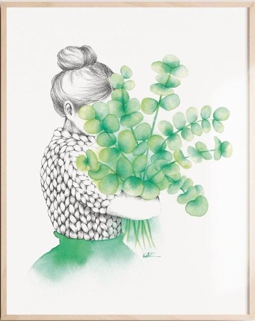 Affiche, -- Femme eucalyptus --, de l'artiste Katrinn Pelletier, Illustration, aquarelle, crayons de couleur, ..., dimension : 16 x 12 de largeur