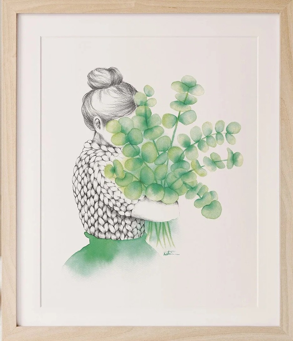 Affiche, -- Femme eucalyptus --, de l'artiste Katrinn Pelletier, Illustration, aquarelle, crayons de couleur, ..., dimension : 16 x 12 de largeur