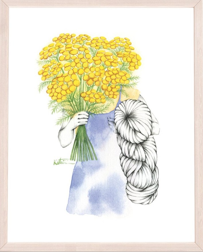 Affiche, -- Tanaisie, femme au bouquet --, de l'artiste Katrinn Pelletier, Illustration, aquarelle, crayons de couleur, ..., dimension : 16 x 12 de largeur