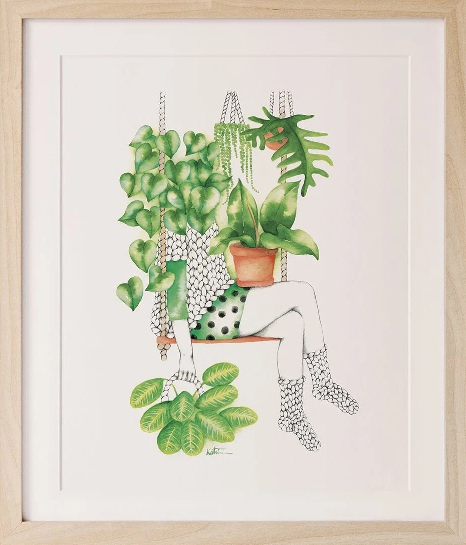 Affiche, -- Femme aux plantes --, de l'artiste Katrinn Pelletier, Illustration, aquarelle, crayons de couleur, ..., dimension : 10 x 8 po de largeur