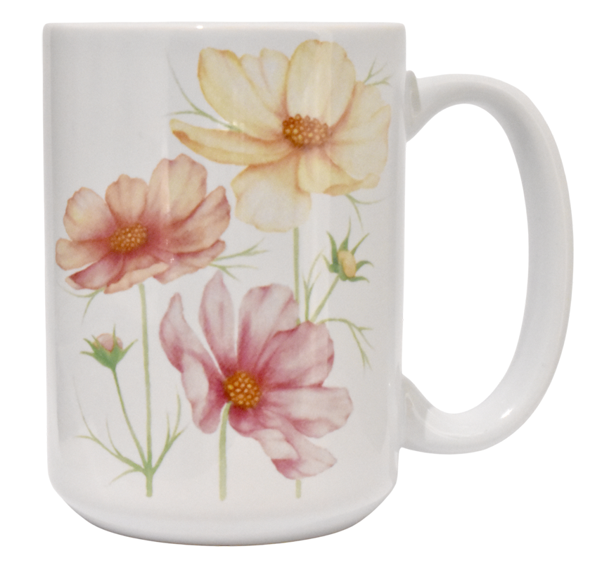 Tasse à café, -- Fleurs de cosmos --, de l'artiste Katrinn Pelletier, Illustration, impression sublimation, Faite au Québec, matériaux : céramique, Capacité : 15 onces