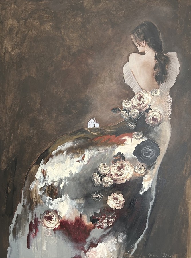 Fleurir pour mieux être, de l'artiste Stéphanie Viens, Technique : Acrylique et collage sur toile, Création unique, Format de l'oeuvre : 48 x 36 pouces de largeur