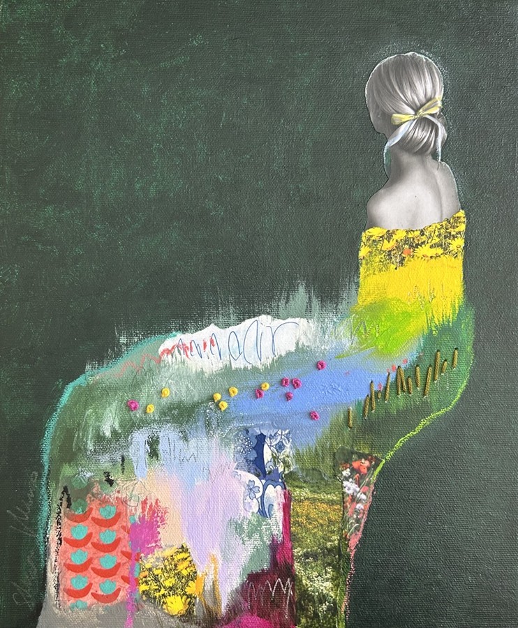 Fleurir de tout mon être, no 2, de l'artiste Stéphanie Viens, Technique : Acrylique, collage et broderie sur toile, Création unique, Format de l'oeuvre : 12 x 10 pouces de largeur