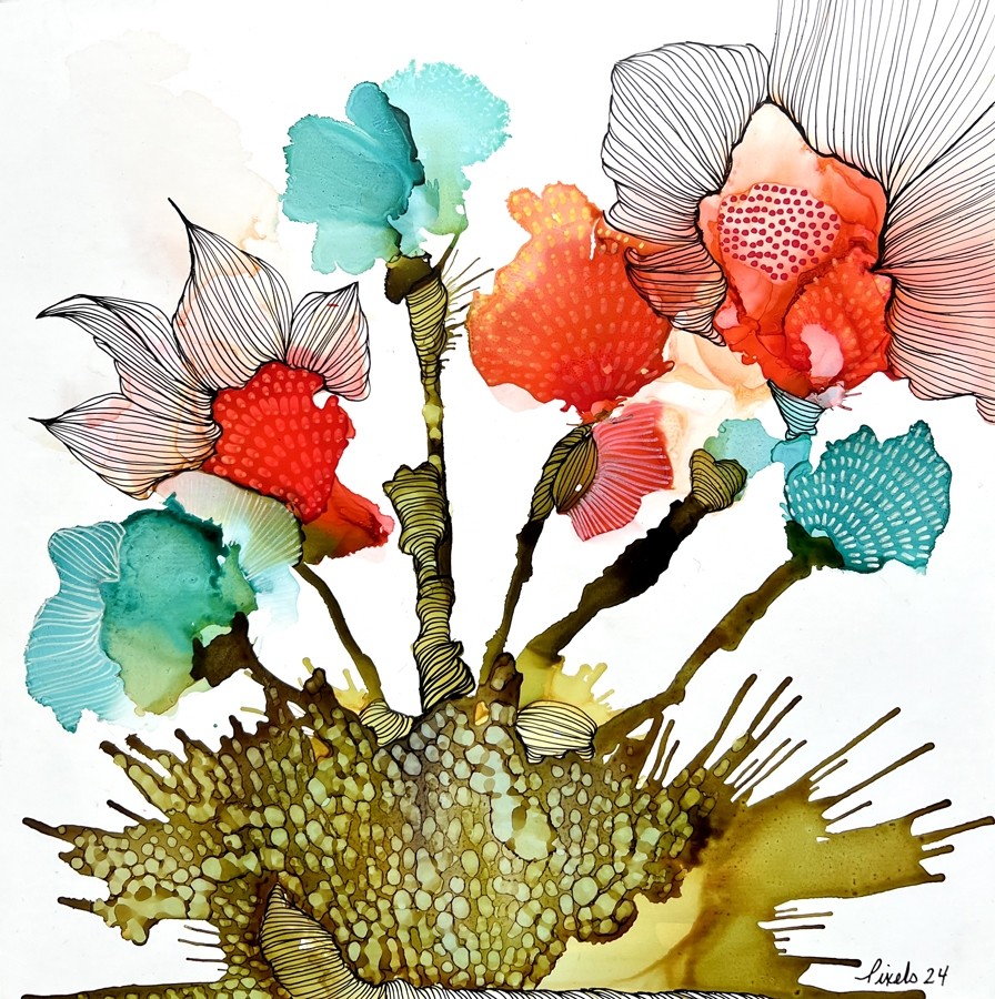 Fleurissons (t.encadré), de l'artiste Nancy Létourneau, Tableau, Médium encre à l'alcool, Marouflé sur bois, dimension 12 x 12 pouces de largeur, 