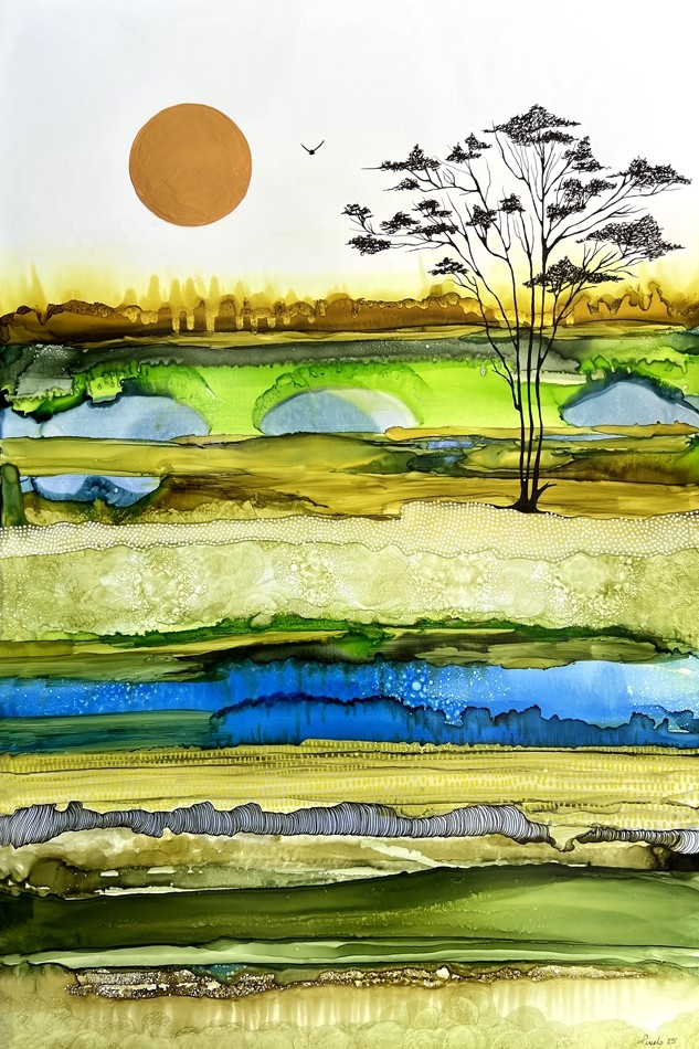 Force tranquille, de l'artiste Nancy Létourneau, Tableau, Médium encre à l'alcool sur papier Nara, Marouflé sur panneau de bois galerie, dimension 36 x 24 pouces de largeur, 