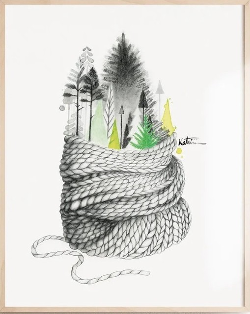 Affiche, -- Forêt laine --, de l'artiste Katrinn Pelletier, Illustration, aquarelle, crayons de couleur, ..., dimension : 16 x 12 de largeur