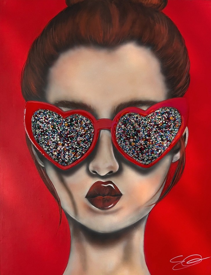 Ginger in color, de l'artiste Émilie Gosselin, Mixtes sur canevas toile, Tableau accompagné de cristaux swarovsiki, Dimension : 28 x 22 po de largeur