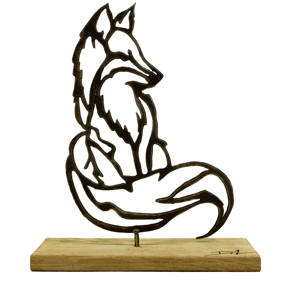 Gros renard, o-10, de l'artiste Danny Perkins, Sculpture, métal et bois, Dimension : 15 x 12 x 5  po