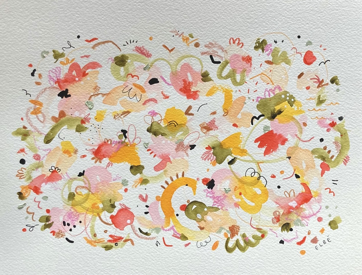 Guédille, de l'artiste Laurence Bélanger (ELBÉ), Oeuvre papier, Médiums mixtes, sur papier archive, Création unique, dimension : 9 x 12 po de largeur