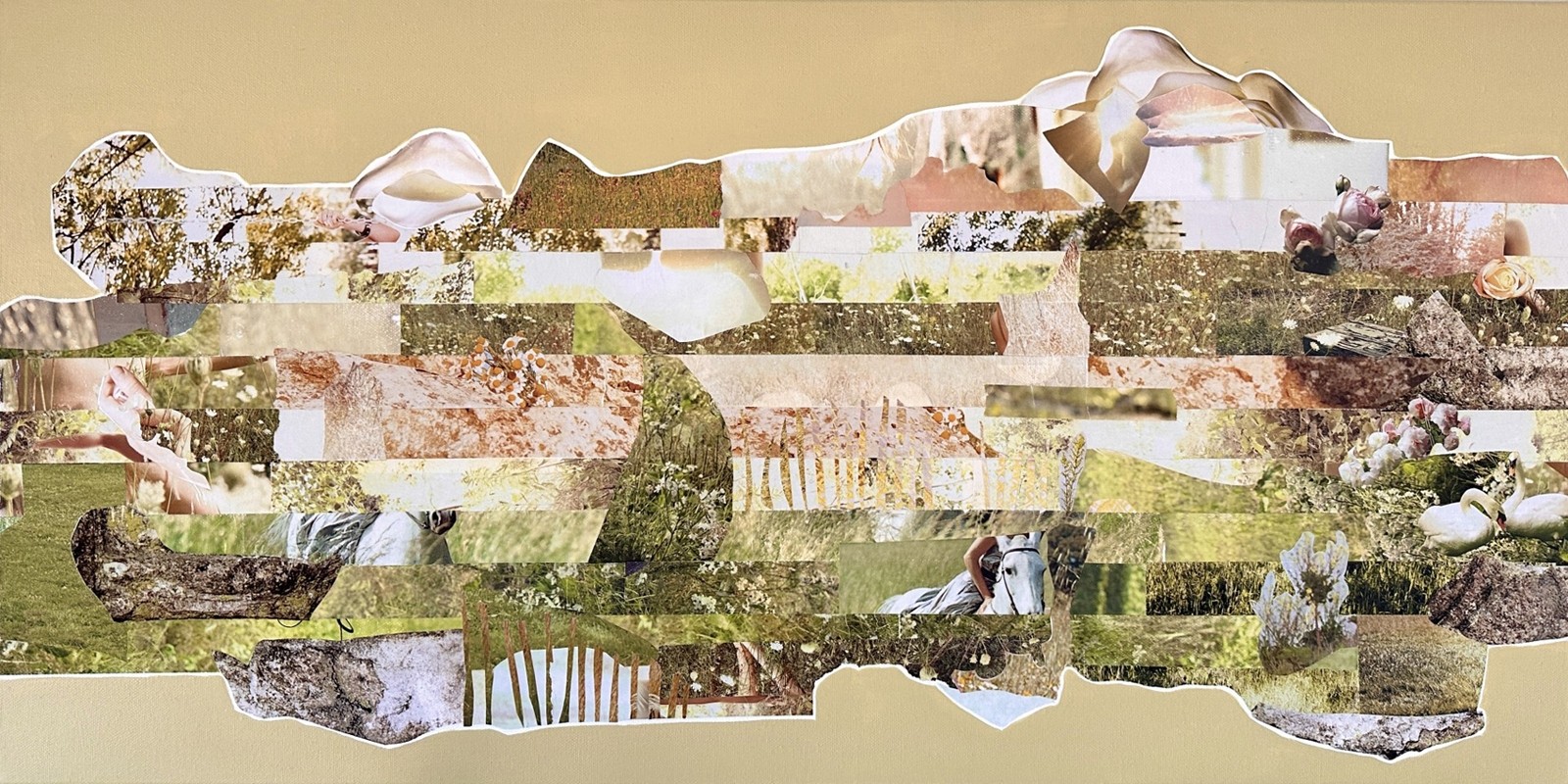 Habiter Nature III, de l'artiste Patricia Doucet, Tableau, Collage et acrylique sur toile, Création unique, dimension : 15 x 30 po de largeur
