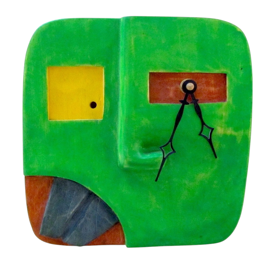 Horloge Klok, Face verte, 2 dents noires, de l'artiste Alexandre Tardif, dimension : 8 x 1 x 8 pouces de largeur, Décoration fonctionnelle, 1 batterie 2A, Bois : Tilleul ou pin