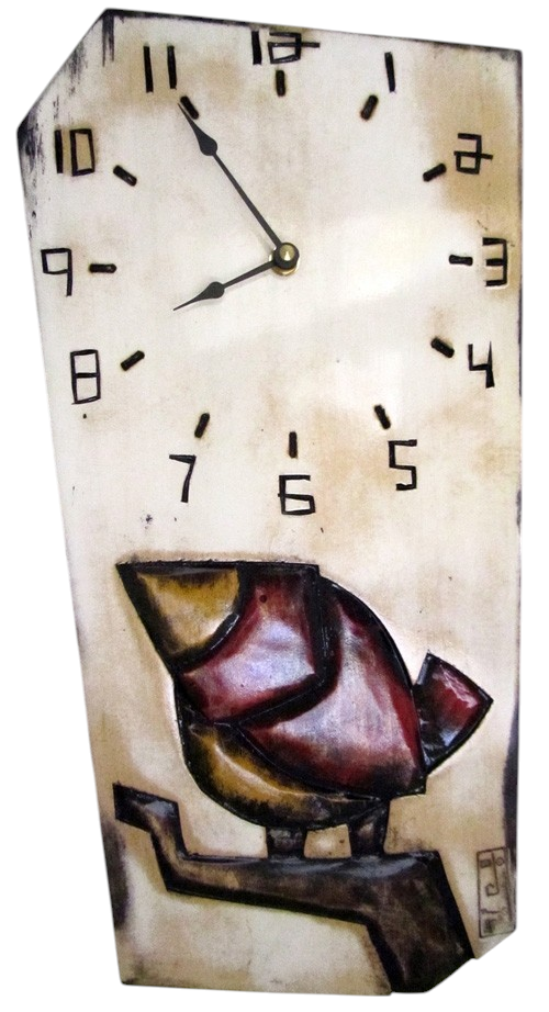 Horloge verticale, format moyen, hblv16-0C, blanche, de l'artiste Alexandre Tardif, faite en bois, tilleul, format rectangulaire, fond blanc, dimension : 15.5 x 7.5 x 1 pouces de largeur, décoration fonctionnelle, 1 batterie 2A