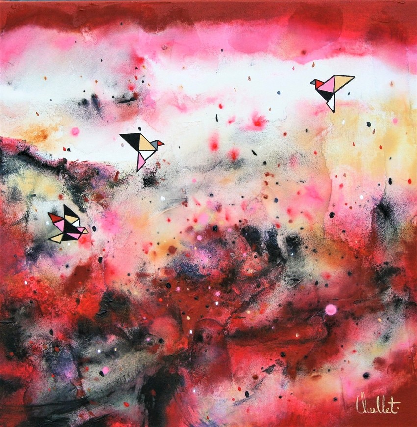 Ici bas, de l'artiste Sophie Ouellet, Tableau, Acrylique sur toile, Création unique, dimension : 16 x 16 po de largeur