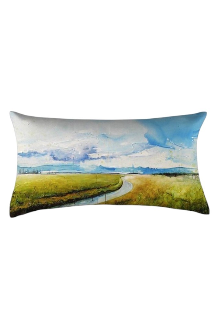 Coussin Bastien, rectangle long, modèle 'Lumière du Bas St-Laurent', Ni Vu Ni Cornu, Auteure Annie Lévesque, artiste, Art portable, Imprimé des deux côtés (recto-verso), Fait au Canada, dimension : 12po x 23po