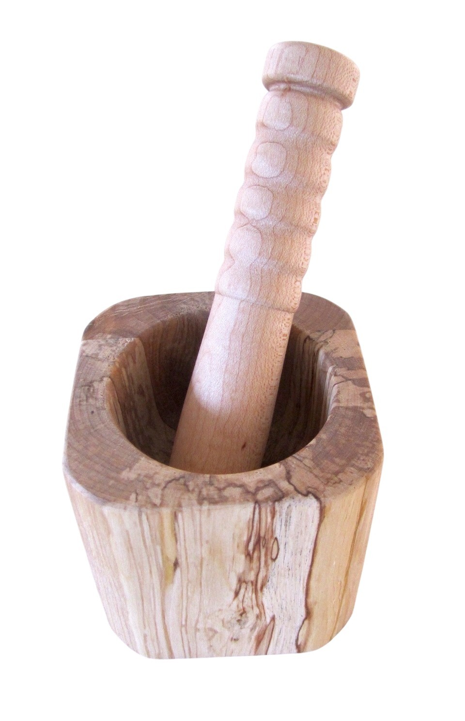 Mortier carré, arrondi, et pilon, no 3, de l'artiste Richard Ouellet, pièce originale, faite de érable coti, dimension : 3.5 x 3.5 x 3.5 po (moyen)