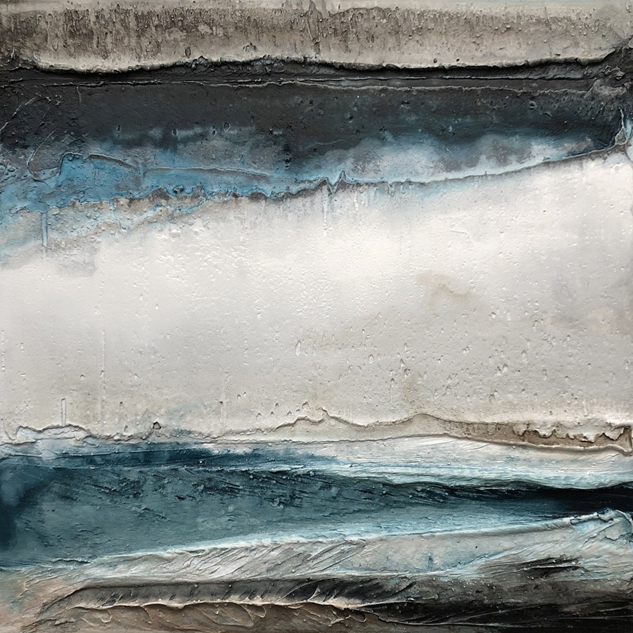 Accalmie VI, no 0721 , de l'artiste Isabel Picard, Techniques mixtes sur bois, Création unique, dimension : 16 x 16 po de largeur