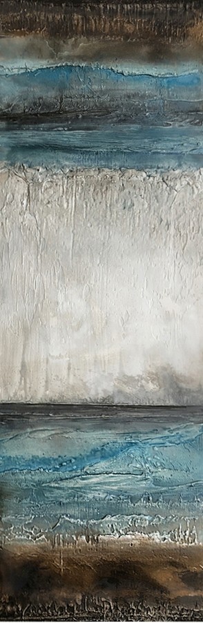 Saudade, no 0722 , de l'artiste Isabel Picard, Techniques mixtes sur bois, Création unique, dimension : 16 x 48 po de largeur