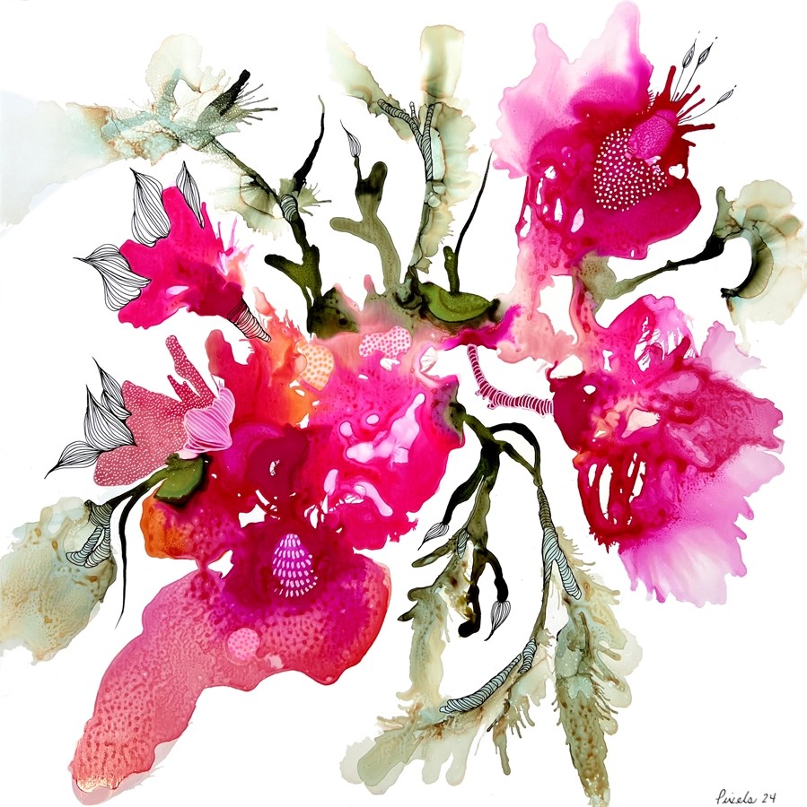 Ivresse, de l'artiste Nancy Létourneau, Tableau, Médium encre à l'alcool, Marouflé sur bois, dimension 20 x 20 pouces de largeur, 