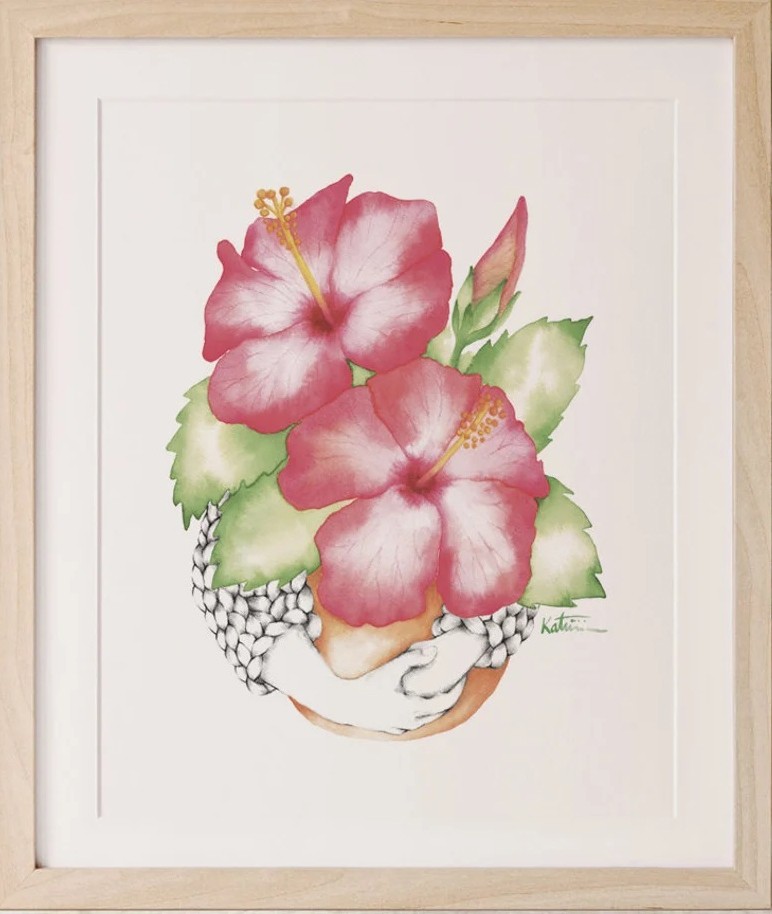Affiche, -- J'aime mon hibiscus --, de l'artiste Katrinn Pelletier, Illustration, aquarelle, crayons de couleur, ..., dimension : 10 x 8 po de largeur