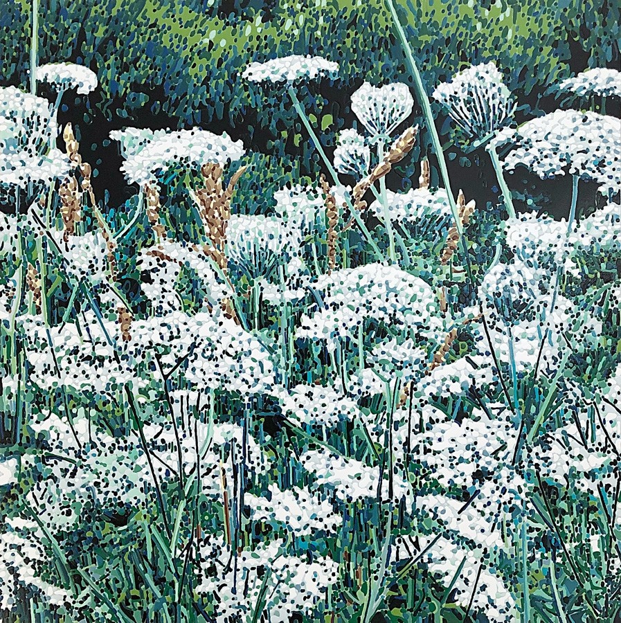 Jardins sauvages LIX, de l'artiste Elyse Turbide, Acrylique sur toile, Dimension : 40 x 40 pouces de largeur