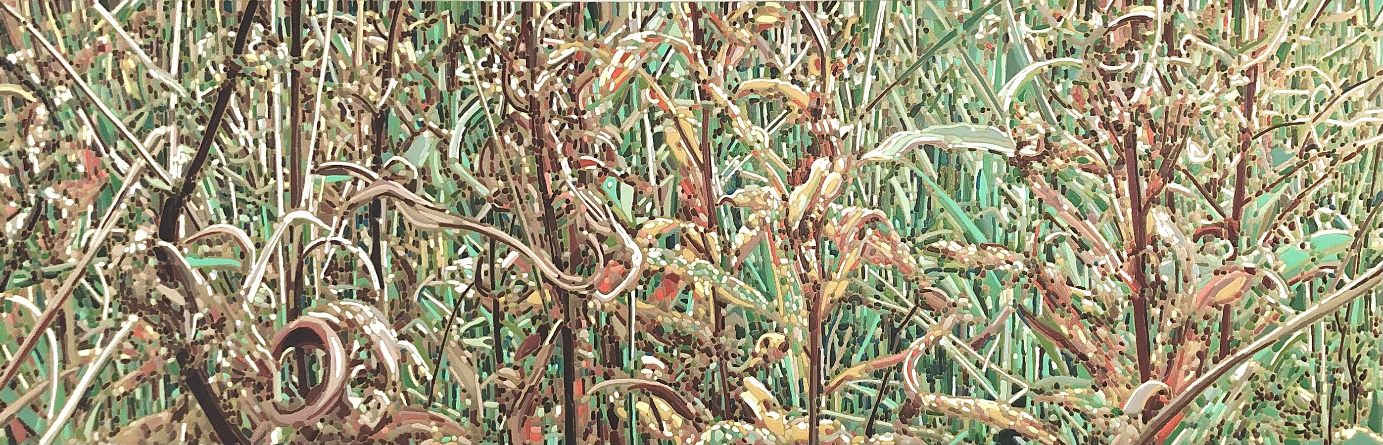 Jardins sauvages LXIX, de l'artiste Elyse Turbide, Acrylique sur toile, Dimension : 16 x 48 pouces de largeur
