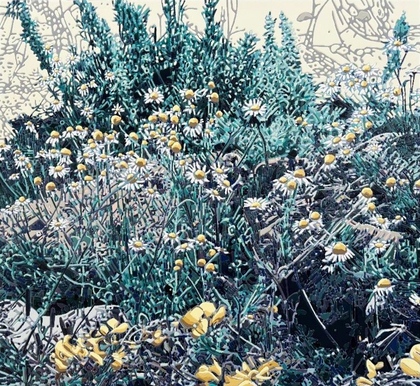 Jardins sauvages LXXXVI, de l'artiste Elyse Turbide, Acrylique sur toile, Dimension : 36 x 40 pouces de largeur