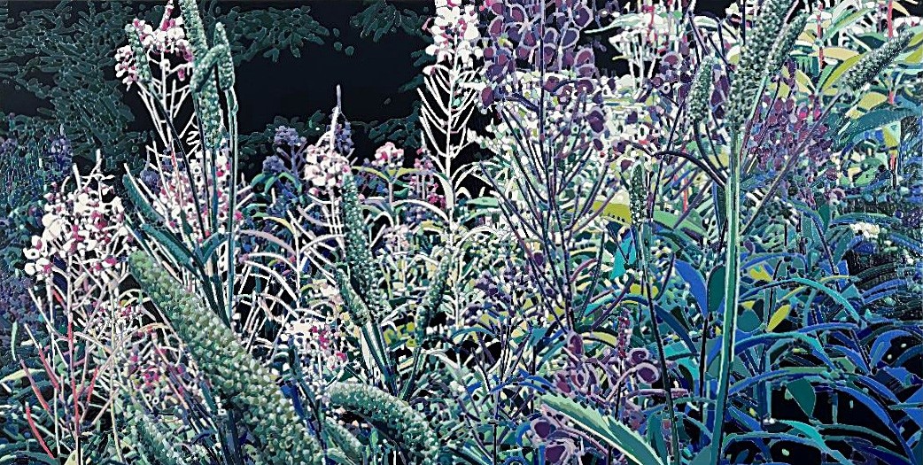 Jardins sauvages LXXXVIII, de l'artiste Elyse Turbide, Acrylique sur toile, Dimension : 24 x 48 pouces de largeur