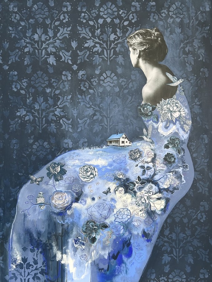 Je m'épanouis au fil des saisons, de l'artiste Stéphanie Viens, Technique : Acrylique et collage sur toile, Création unique, Format de l'oeuvre : 48 x 36 pouces de largeur