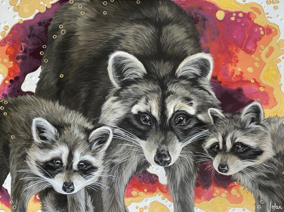 Voleurs de coeurs, de l'artiste Joannie Langlois, Tableau, Acrylique, feuille d'or 23.5 K, sur toile galerie, Création unique, dimension : 18 x 24 po de largeur