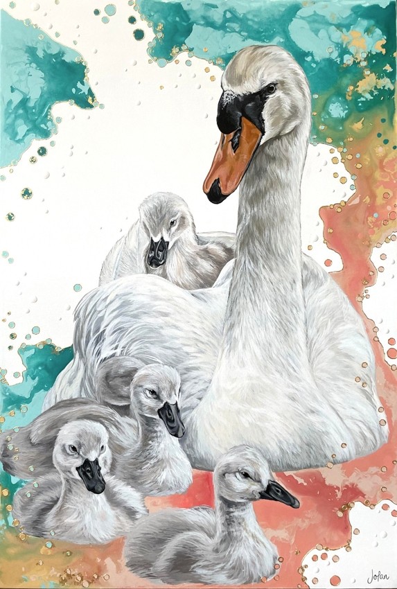 Moi aussi, je veux descendre, de l'artiste Joannie Langlois, Tableau, Acrylique, feuille d'or 23.5 K, sur toile galerie, Création unique, dimension : 36 x 24 po de largeur