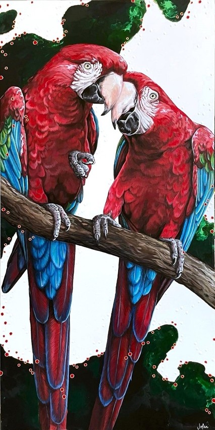 Un amour écarlate, de l'artiste Joannie Langlois, Tableau, Acrylique, feuille d'or 23.5 K, sur toile galerie, Création unique, dimension : 48 x 24 po de largeur